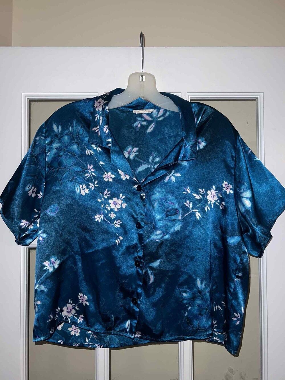Vintage Inner Most Silky Floral Pajama Top Blue Button Up Medium Short Sleeve